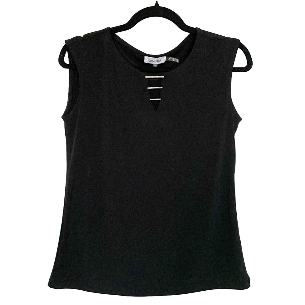 Calvin Klein Sleeveless V-Neck Black Blouse Gold Hardware XS NWOT
